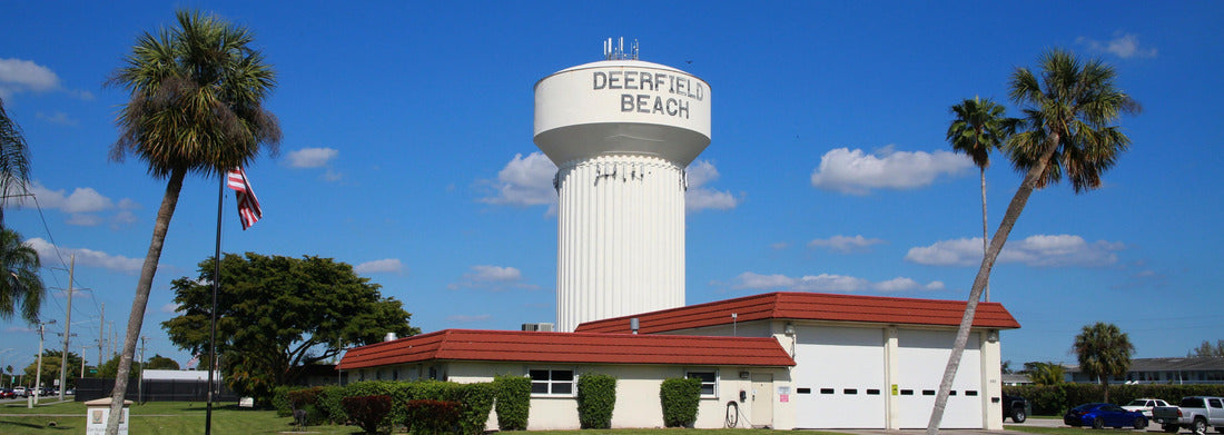 Noah Jigsaw Puzzle Deerfield Beach Water Tower Identifying Sign at Broward Sheriff and Fire Station Framed by Two Palm Trees, a Sidewalk and the Street in a Sunny Day in January panorama 1000 pieces