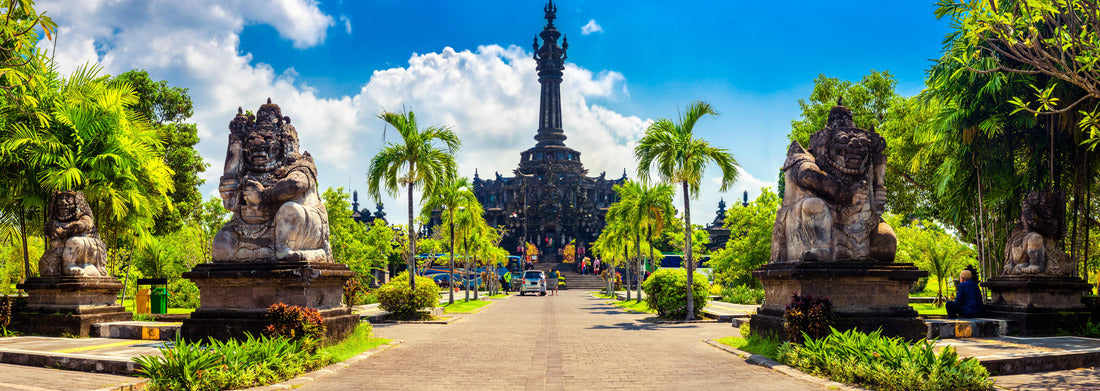 Noah Jigsaw Puzzle Panoramic landscape traditional Balinese Hindu temple Bajra Sandhi monument in Denpasar, Bali, Indonesia on background tropical nature and blue summer sky, Indonesia panorama 1000 pieces