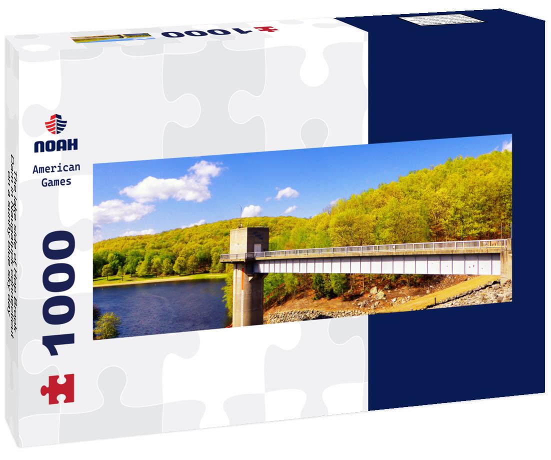 The lake side of Hop Brook Dam in Naugatuck connecticut on a sunny blue sky day 1000pc Panoramic Puzzle