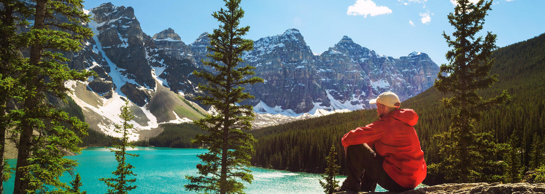 Noah Jigsaw Puzzle Hiking trail with view of Lake Moraine in Banff National Park, Alberta, Canada, with snow-capped peaks of the Canadian Rockies in the background panorama 1000 pieces