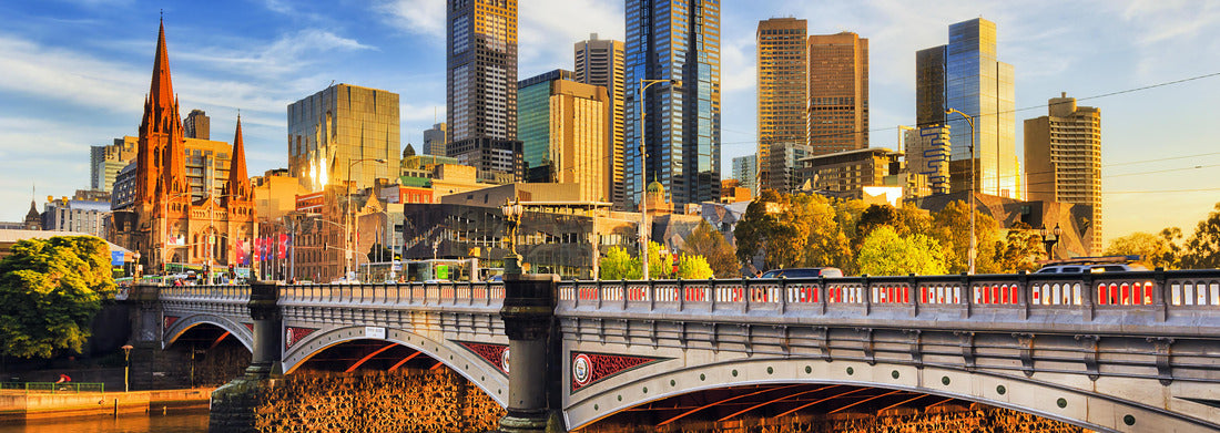 Noah Jigsaw Puzzle Warm morning light on high-rise towers in Melbourne CBD above Princes bridge across Yarra river panorama 1000 pieces