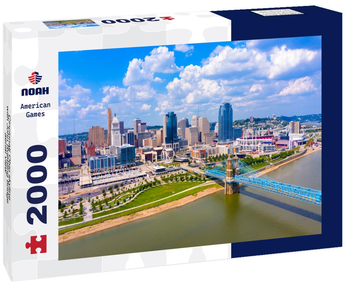 Noah Jigsaw Puzzle Cincinnati Ohio skyline with John Roebling bridge aerial view 2000 pieces