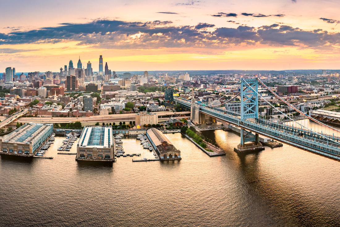 Noah Jigsaw Puzzle Aerial view with Ben Franklin Bridge and Philadelphia skyline at sunset. Ben Franklin Bridge is a suspension bridge between Philadelphia and Camden, NJ 2000 pieces