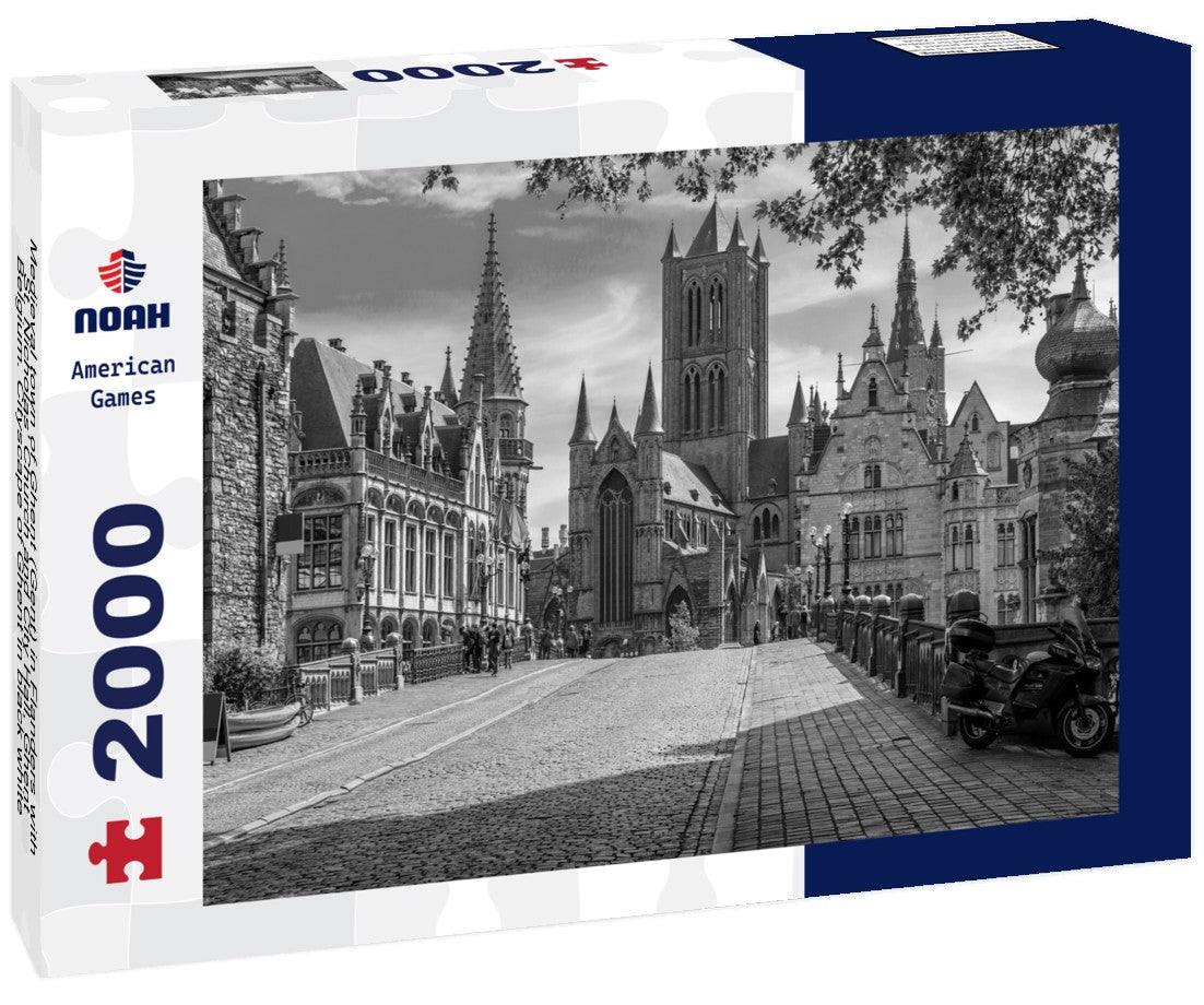 Medieval town of Ghent (Gent) in Flanders with St. Nicholas' Church and City Hall, Ghent, Belgium. Cityscape of Ghent 2000pc PuzzleBlack and White
