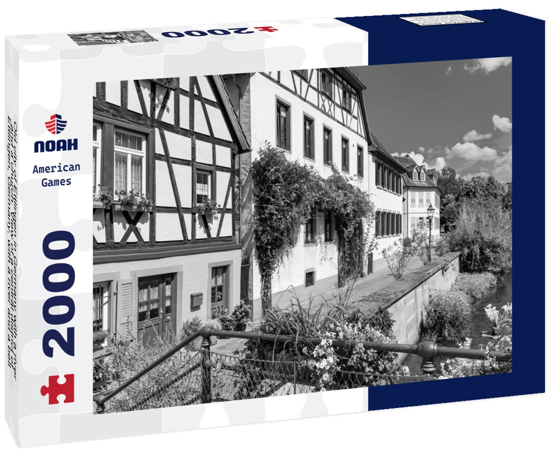 Old city of Ettlingen in Germany with a river and a church. View of a central district of Ettlingen, Germany, with a river and a bell tower of a church 2000pc PuzzleBlack and White