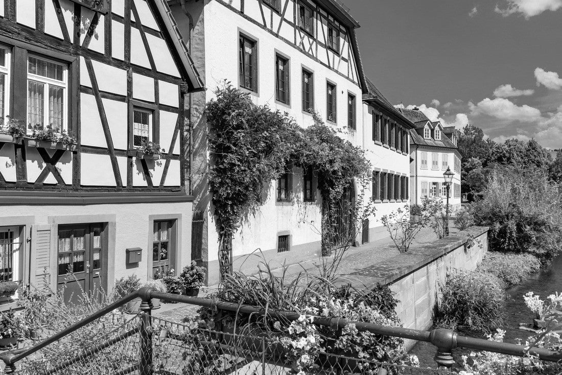 Old city of Ettlingen in Germany with a river and a church. View of a central district of Ettlingen, Germany, with a river and a bell tower of a church 2000pc PuzzleBlack and White