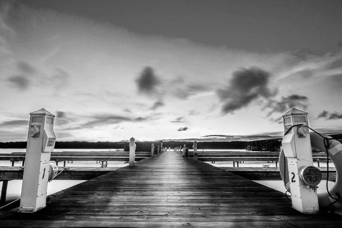 Sunset at Midway Marina, Fulton Mississippi A marina is a dock or basin with berths and associated facilities for yachts and small boats 2000pc PuzzleBlack and White
