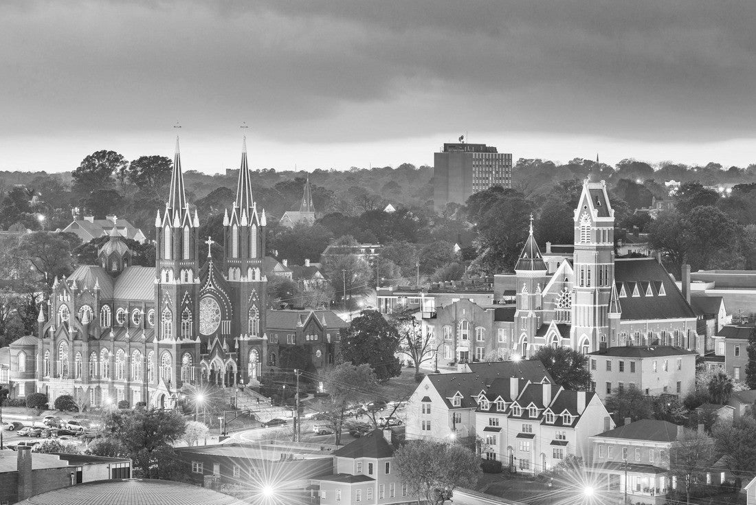 Macon, Georgia, USA historic downtown churches at dusk 2000pc PuzzleBlack and White