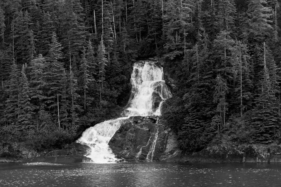 Beautiful flowing waterfall into the ocean in Endicott Arm fjord near Juneau Alaska 2000pc PuzzleBlack and White