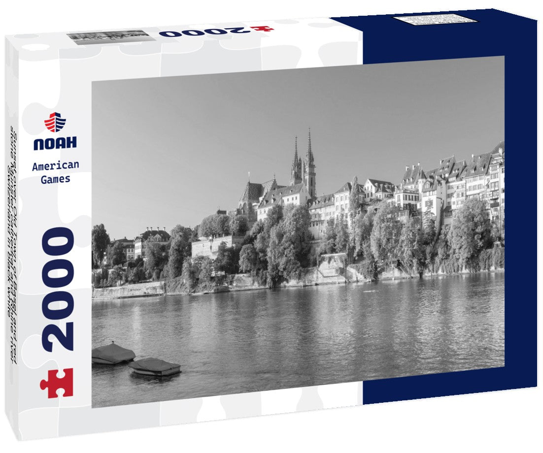 Sunset over Old Town of Basel and red stone Munster cathedral and Rhine river, Switzerland 2000pc PuzzleBlack and White