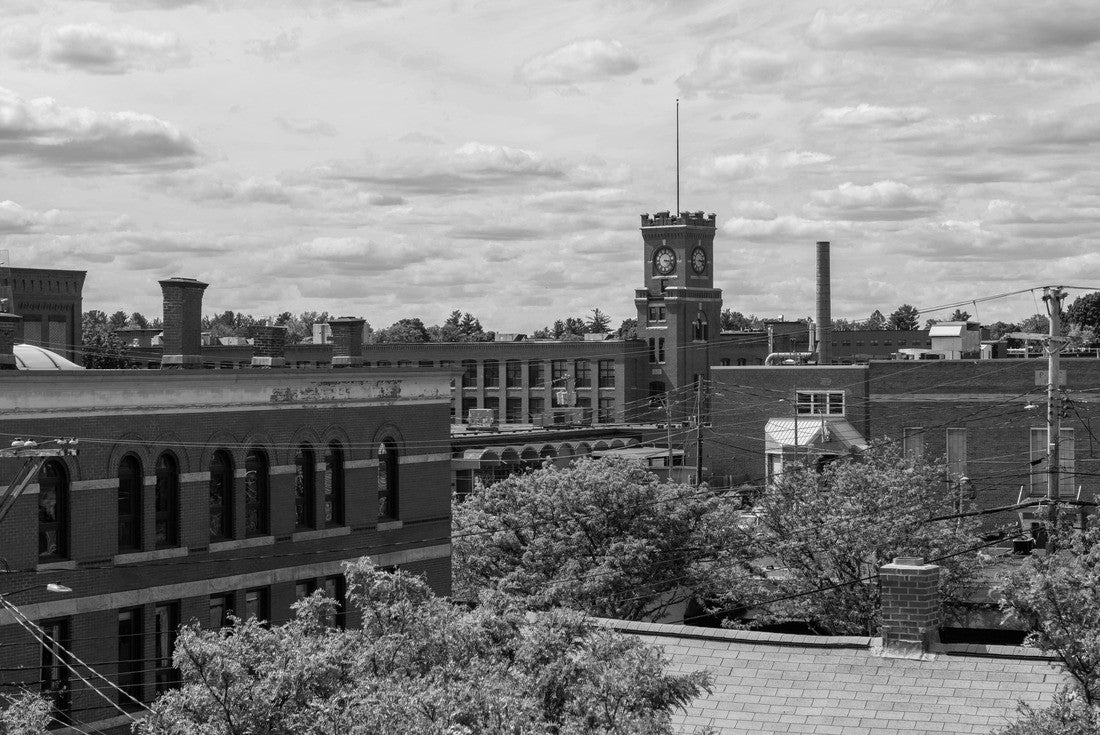 Historic mill buildings by Nashua River in Nashua, New Hampshire, NH 2000pc PuzzleBlack and White