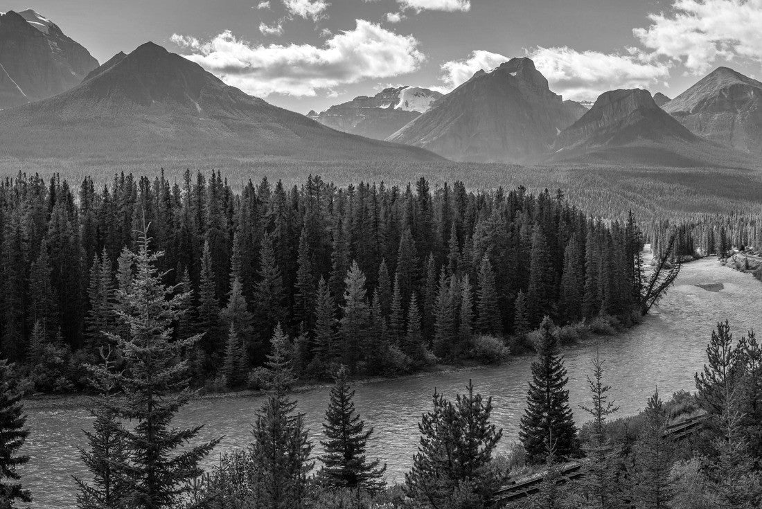 Iconic view of Morants Curve where the Canadian Pacific Railway runs along the stunning Bow River with the beautiful Canadian Rockies in the background, Banff National Park, Alberta, Canada 2000pc PuzzleBlack and White