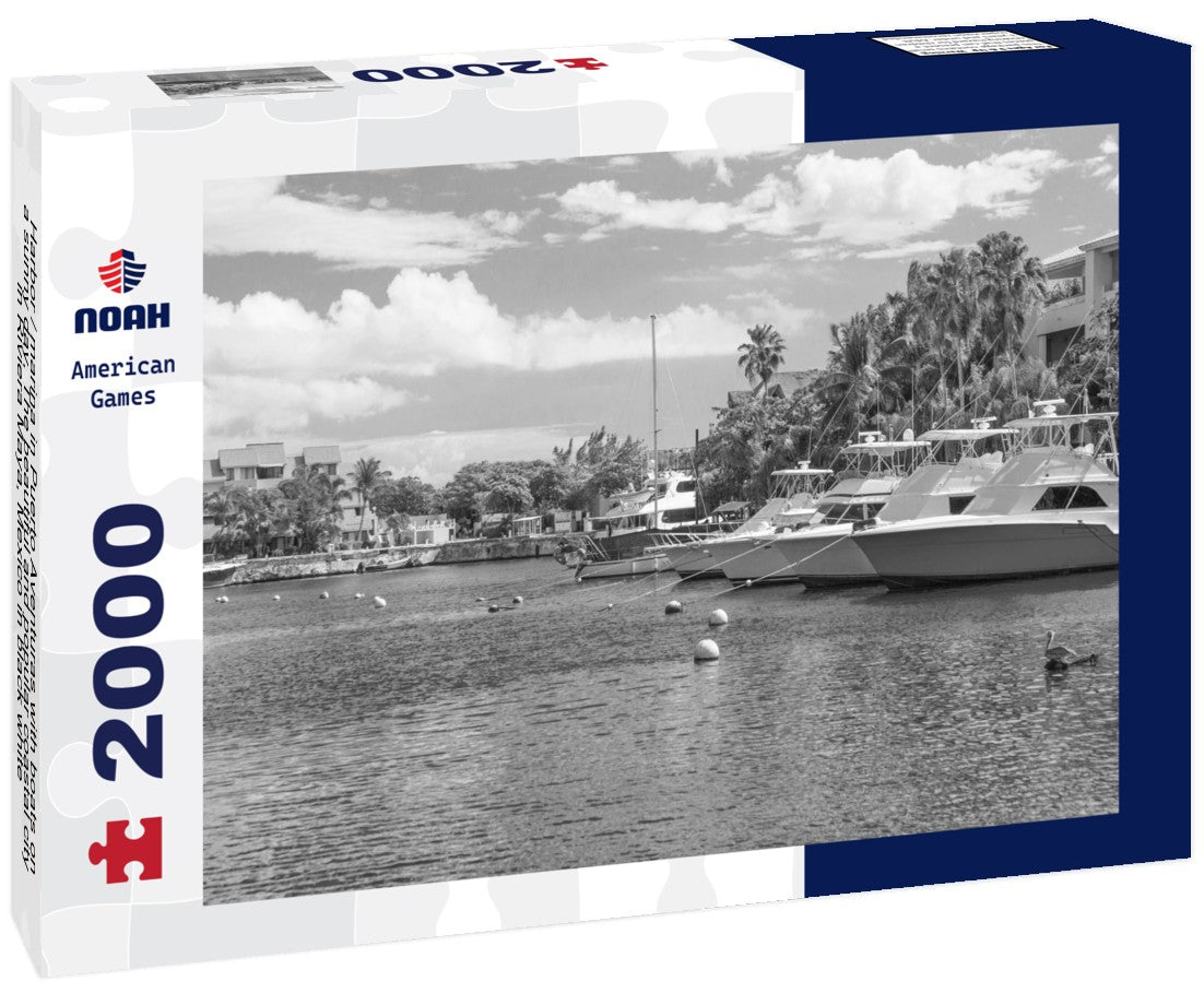 Harbor / marina in Puerto Aventuras with boats on a sunny day. The beautiful and popular coastal city in Riviera Maya, Mexico 2000pc PuzzleBlack and White