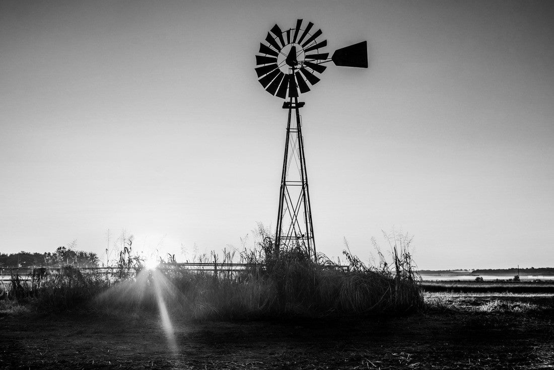 Early Morning Windmill West Point Mississippi. A windmill is a mill that turns the energy of the wind into a rotational energy using sails or blades 2000pc PuzzleBlack and White