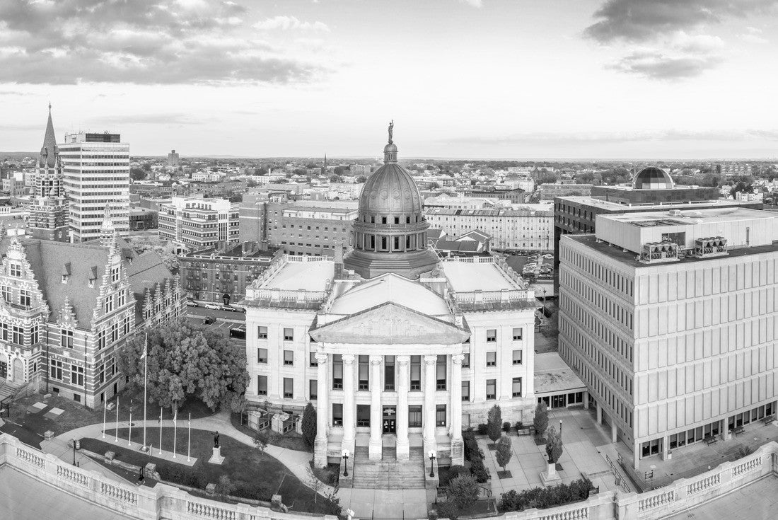 Aerial view of Paterson, NJ at sunset. Three public buildings dominate the skyline: Passaic County Court House Annex, Historic Court and Passaic County Superior Court 2000pc PuzzleBlack and White