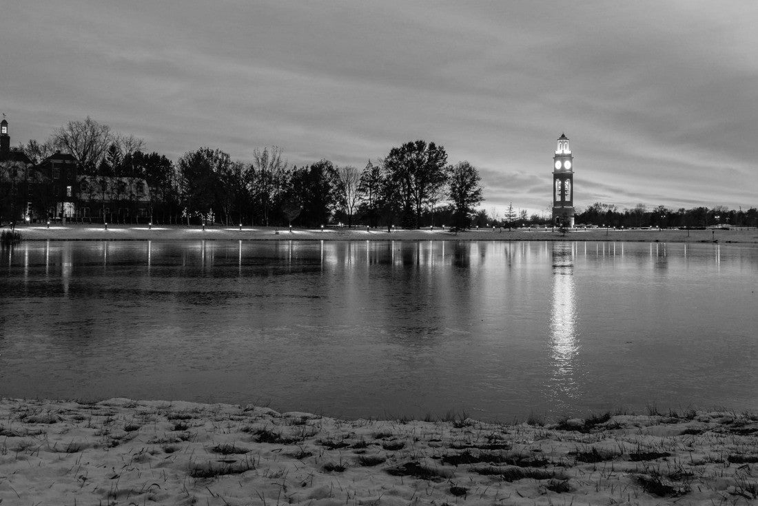 Noah Jigsaw Puzzle Bell tower and lake at Coxhall Garden in Carmel Indiana at sunset after snow in the winter in black white 2000 pieces
