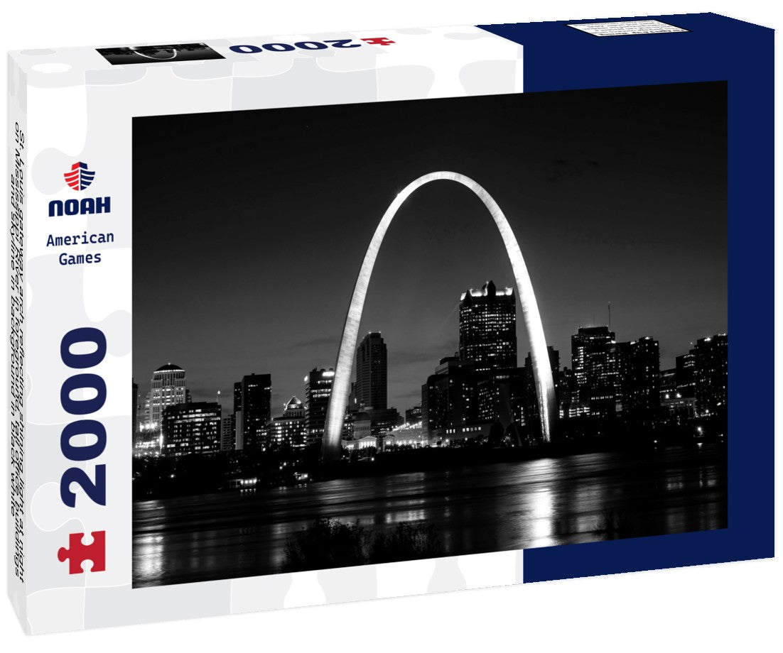 St. Louis gateway arch reflecting shining light at night on Mississippi River in foreground, tall office buildings and skyline in background 2000pc PuzzleBlack and White