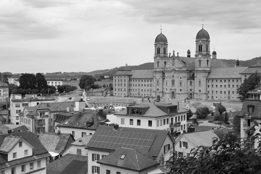 Noah Jigsaw Puzzle Village Einsiedeln, main religious pilgrimage center in Switzerland. View of center of town and Benedictine monastery ( Einsiedeln Abbey). Tourist destination in black white 2000 pieces
