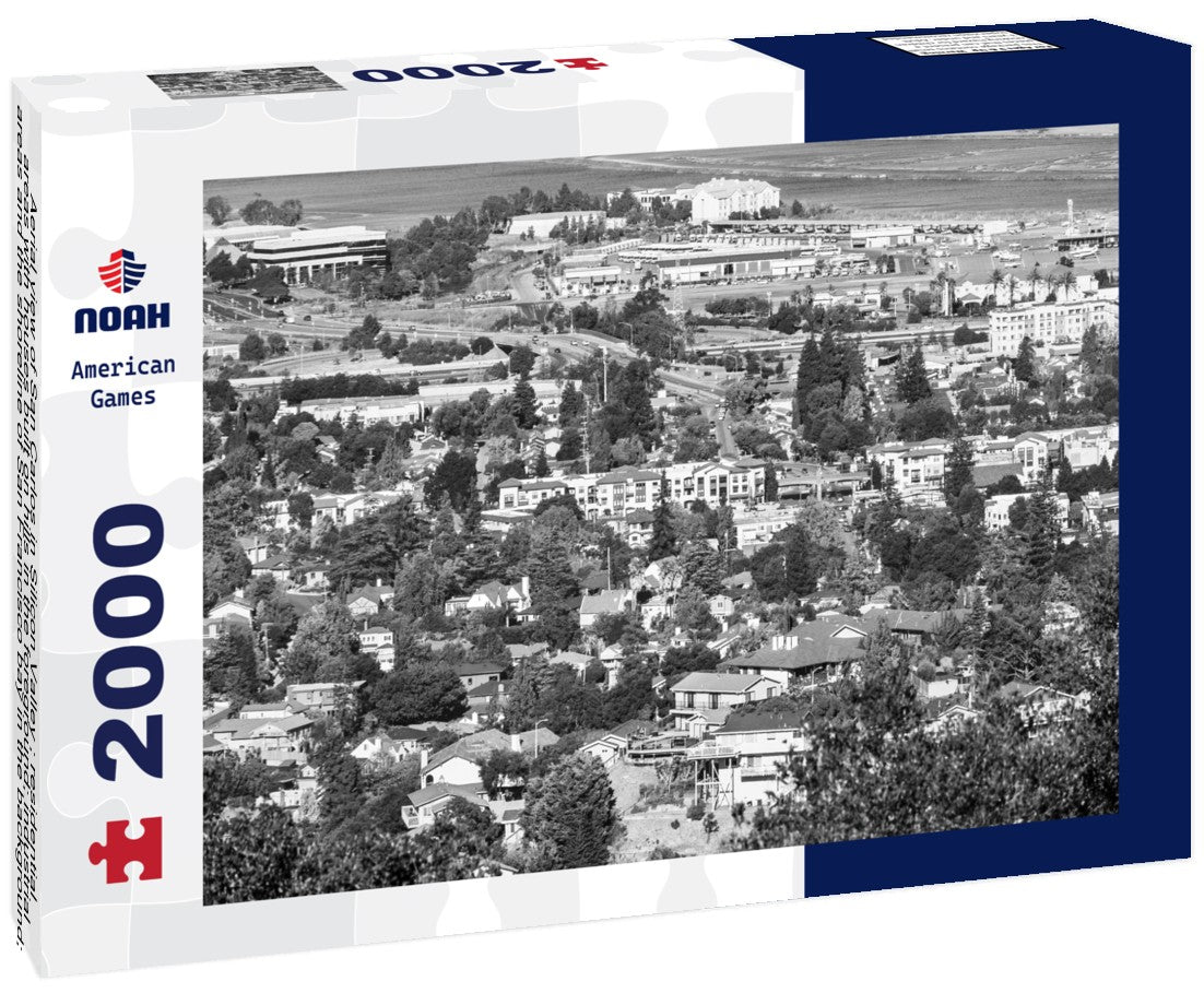 Aerial view of San Carlos in Silicon Valley ; residential areas with houses built on hills in the foreground; industrial areas and the shoreline of San Francisco bay in the background; California 2000pc PuzzleBlack and White