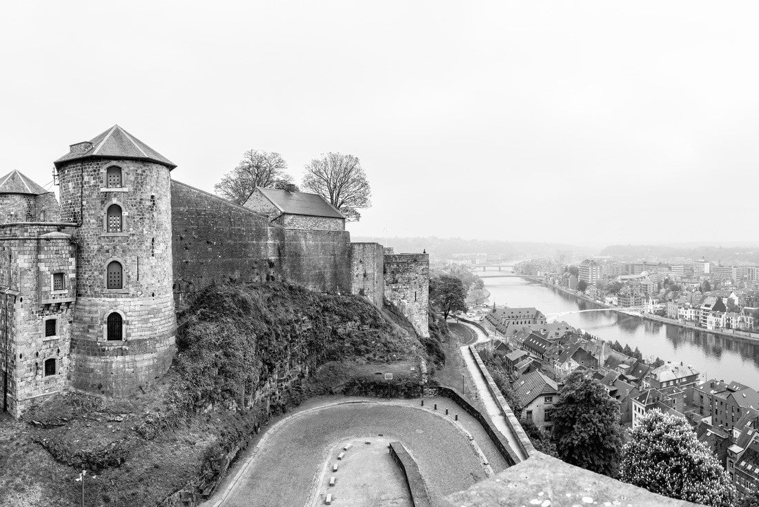 Noah Jigsaw Puzzle Citadel of Namur fortress walls with curved road and Meuse river with city panorama, Namur, Wallonia, Belgium in black white 2000 pieces