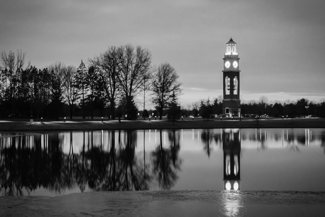 Noah Jigsaw Puzzle Bell tower and lake at Coxhall Garden in Carmel Indiana at sunset in the winter in black white 2000 pieces