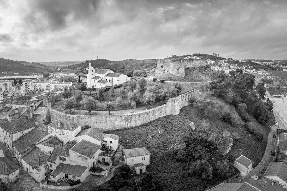 Noah Jigsaw Puzzle Stunning aerial sunset panorama of the medieval castle with Moorish origins in Torres Vedras Portugal with restored castle church and keep in black white 2000 pieces