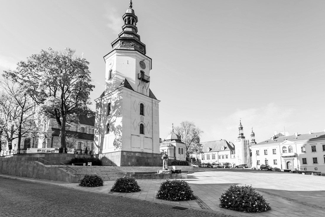 Noah Jigsaw Puzzle Marii Panny square with bell tower Cathedral in Kielce, Poland, Europe in black white 2000 pieces