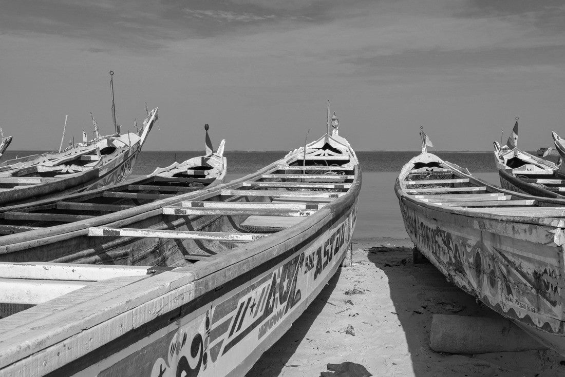 Noah Jigsaw Puzzle Traditional painted wooden fishing boat in Djiffer, Senegal. West Africa in black white 2000 pieces