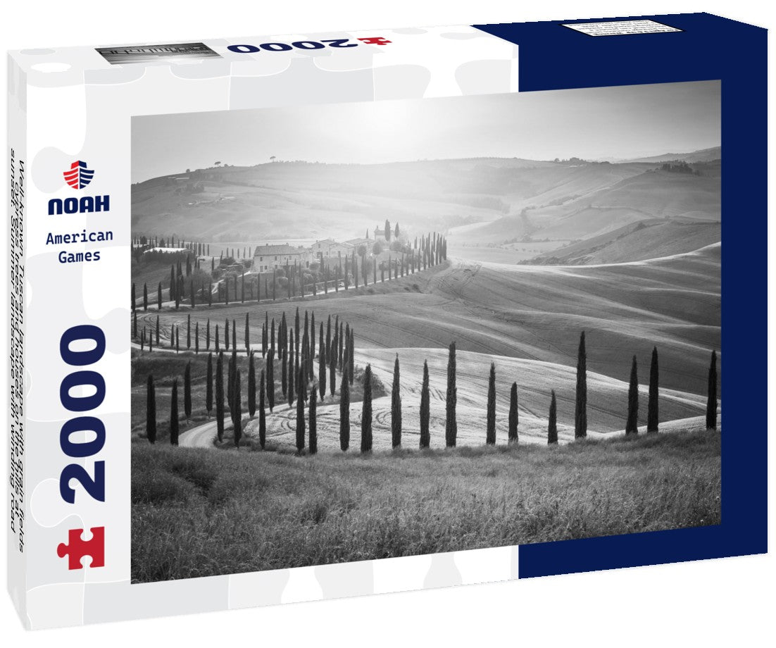 Well-known Tuscan landscape with grain fields, cypress trees and houses on the hills at sunset. Summer landscape with winding road in Tuscany, Italy 2000pc PuzzleBlack and White