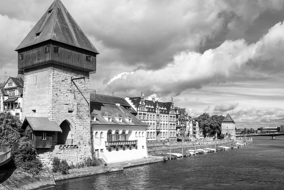 Noah Jigsaw Puzzle Medieval Rhine Gate Tower in Konstanz city facing the Rhine river and Lake Constance, Germany in black white 2000 pieces