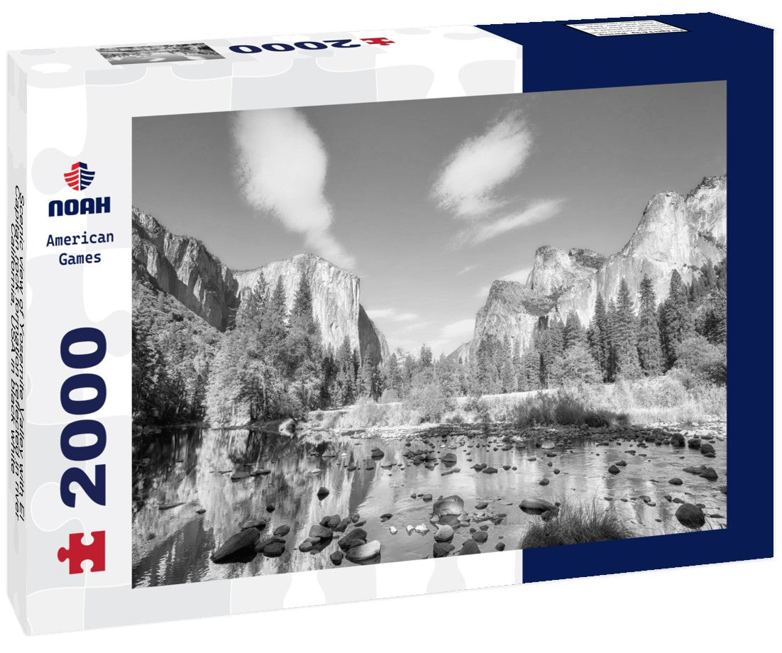 Scenic view of Yosemite Valley with El Capitan rock formation reflected in river, California, USA 2000pc PuzzleBlack and White