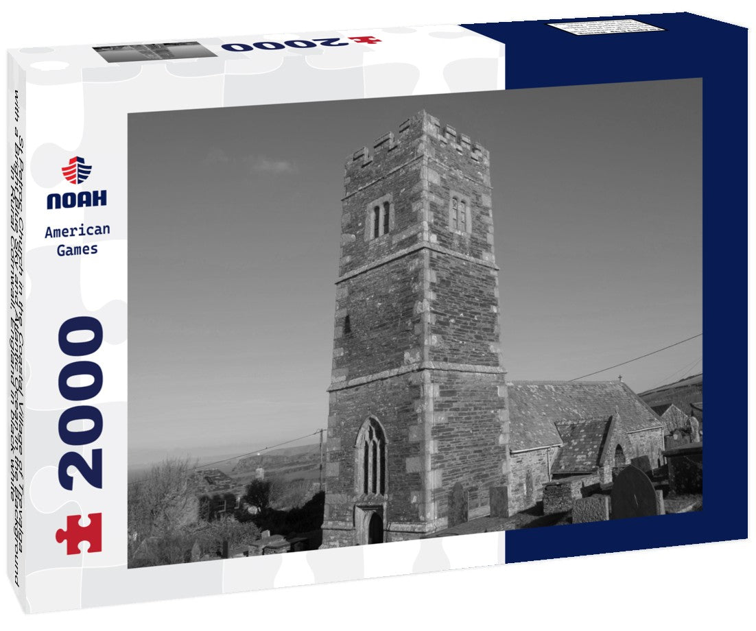 St Petroc Church in the Coastal Village of Trevalga with a Bright Blue Sky and Atlantic Ocean in the Background in Rural Cornwall, England 2000pc PuzzleBlack and White
