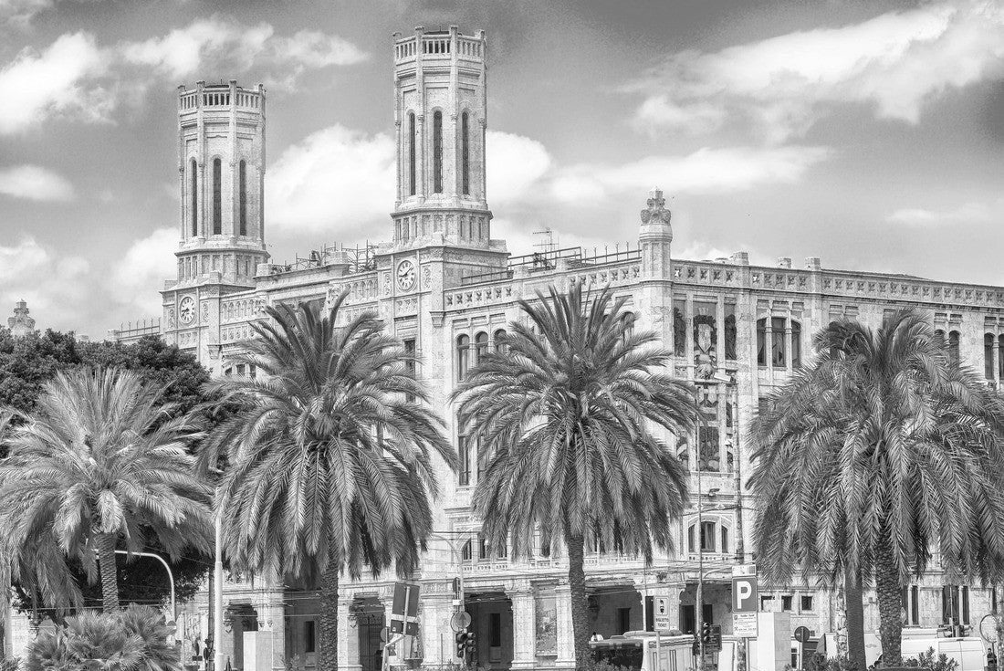 Noah Jigsaw Puzzle Town Hall, Municipio di Cagliari and Street with typical architecture of the old center of Cagliari. Location: Cagliari, Sardinia, Italy in black white 2000 pieces