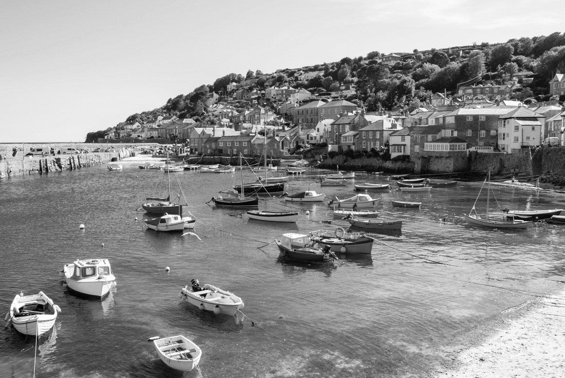 Noah Jigsaw Puzzle Boats in the harbor of Mousehole, a picturesque Cornish fishing village near Penzance in Cornwall, England in black white 2000 pieces