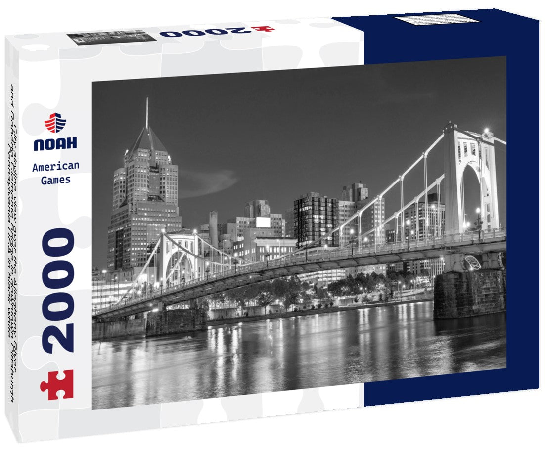 City skyline view over the Allegheny River and Roberto Clemente Bridge in downtown Pittsburgh Pennsylvania USA 2000pc PuzzleBlack and White