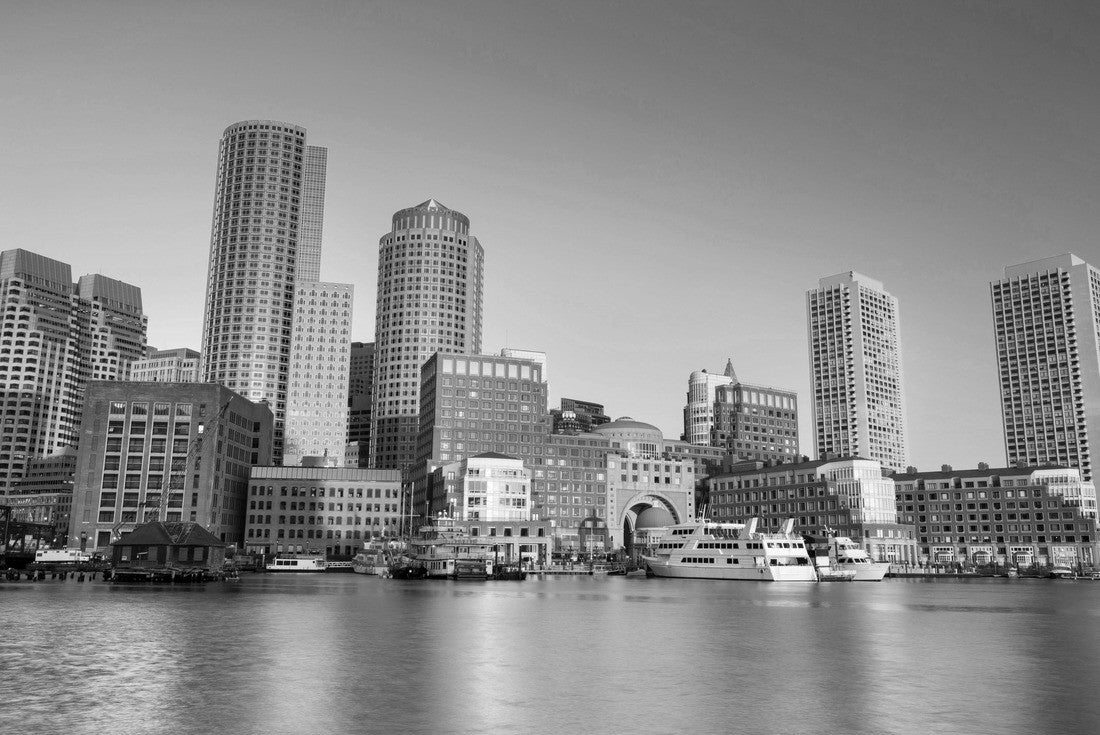 Downtown city view of Boston Massachusetts looking of the riverfront harbor from Fan Pier Park 2000pc PuzzleBlack and White