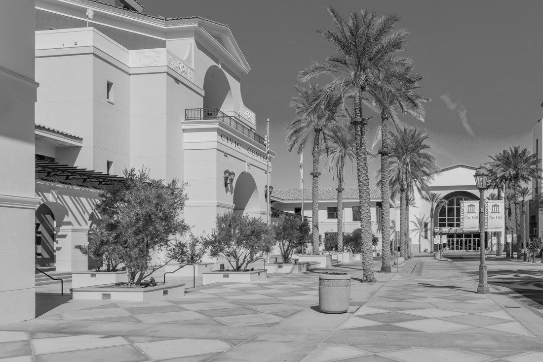 Noah Jigsaw Puzzle Cathedral City City Center is filled with color and interesting architecture. It is enhanced by palm trees and vegetation. Cathedral City is adjacent to Palm Springs in the southern California desert in black white 2000 pieces