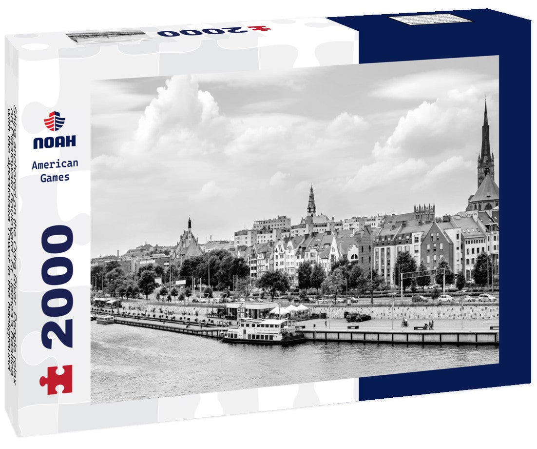 Ships anchored on the Odra River. People relax on Piastowski Boulevard. St. James's Basilica, with the Apostolska Tower in the background, Szczecin, Poland 2000pc PuzzleBlack and White