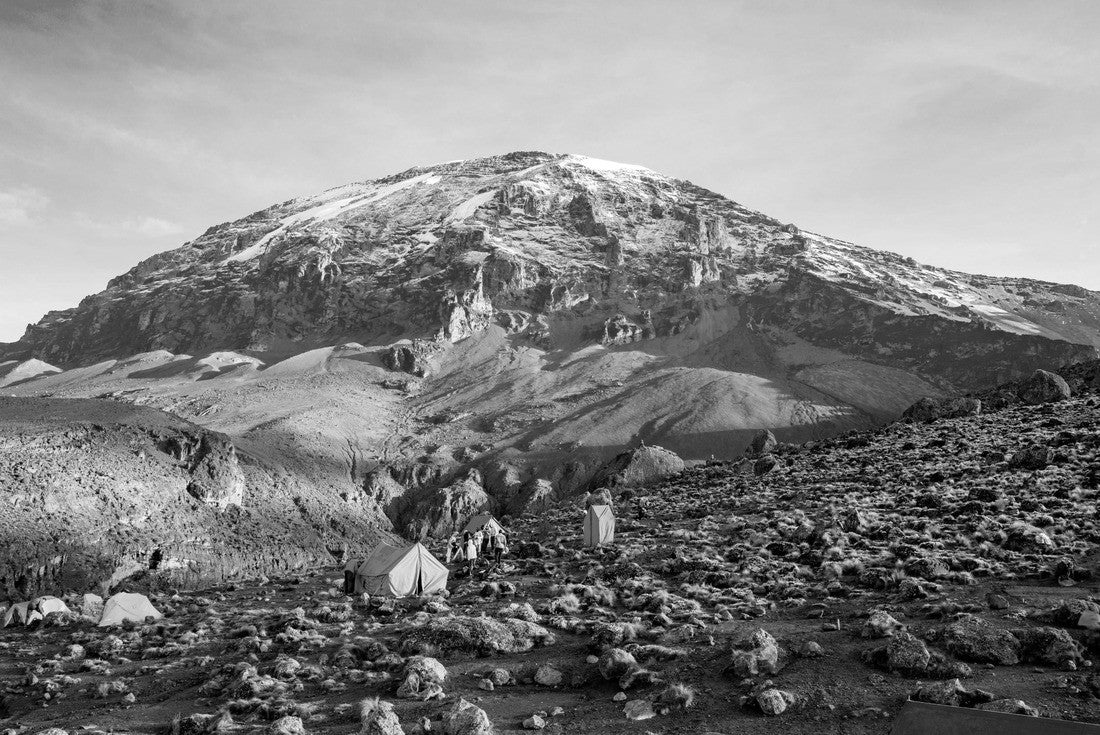 Camping on top of Mt Kilimanjaro in tents to see the glaciers in Tanzania, Africa Orange tents on the way to Uhuru Peak 2000pc PuzzleBlack and White