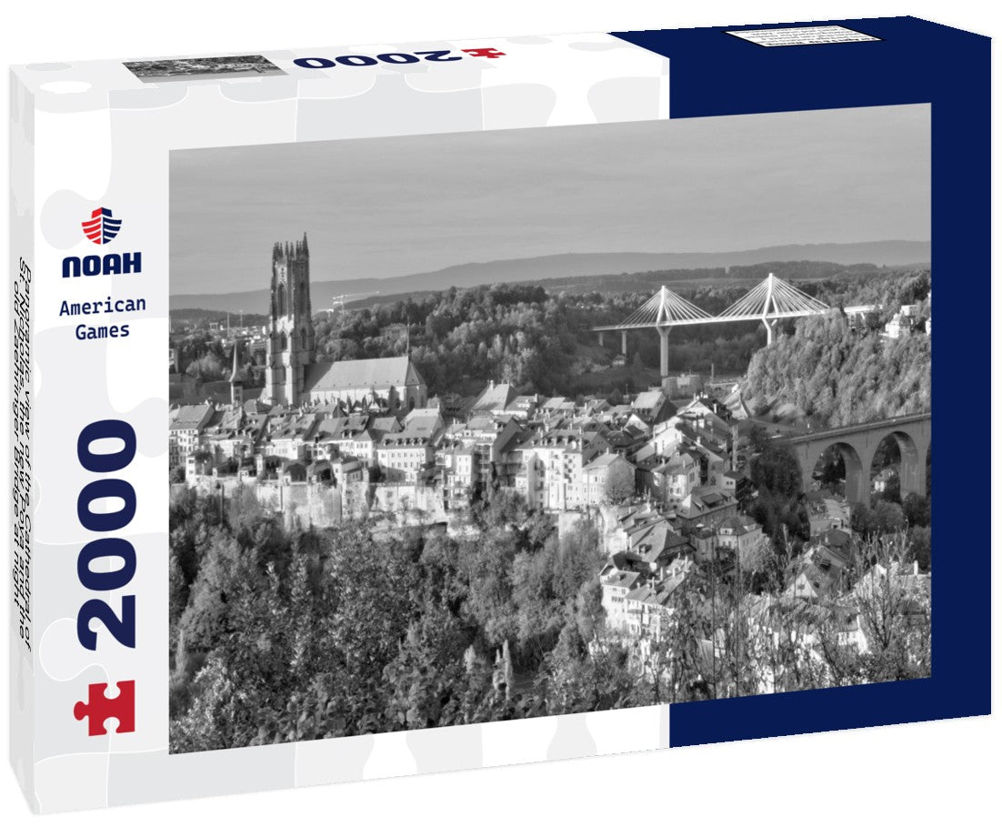 the Cathedral of St. Nicholas, the new Poya and the old Zaehringer Bridge at night, Fribourg, Switzerland 2000pc PuzzleBlack and White