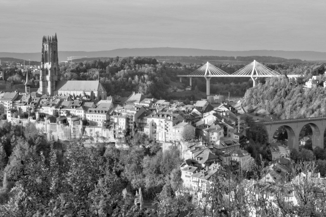 the Cathedral of St. Nicholas, the new Poya and the old Zaehringer Bridge at night, Fribourg, Switzerland 2000pc PuzzleBlack and White