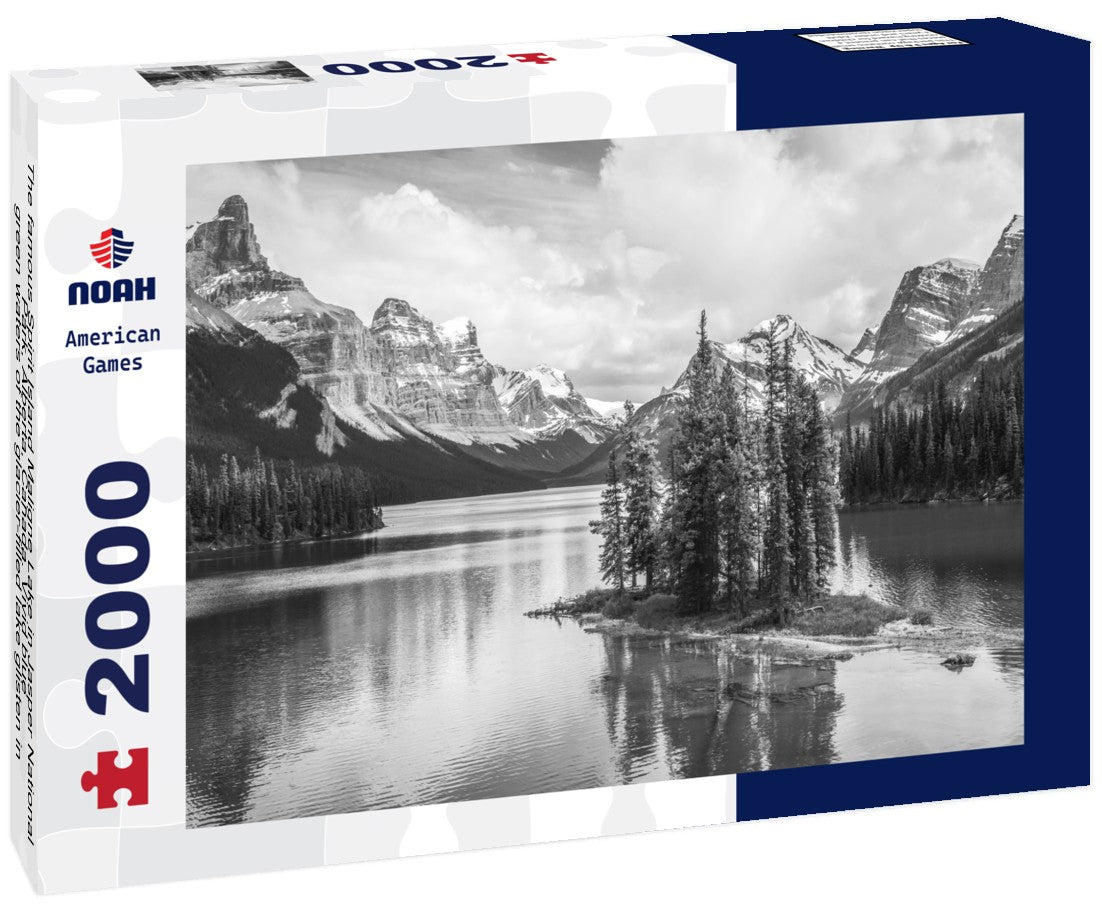 The famous Spirit Island Maligne Lake in Jasper National Park, Alberta, Canada. Vivid blue-green waters of the glacier-filled lake glisten in the sun around the famous pine gathering 2000pc PuzzleBlack and White