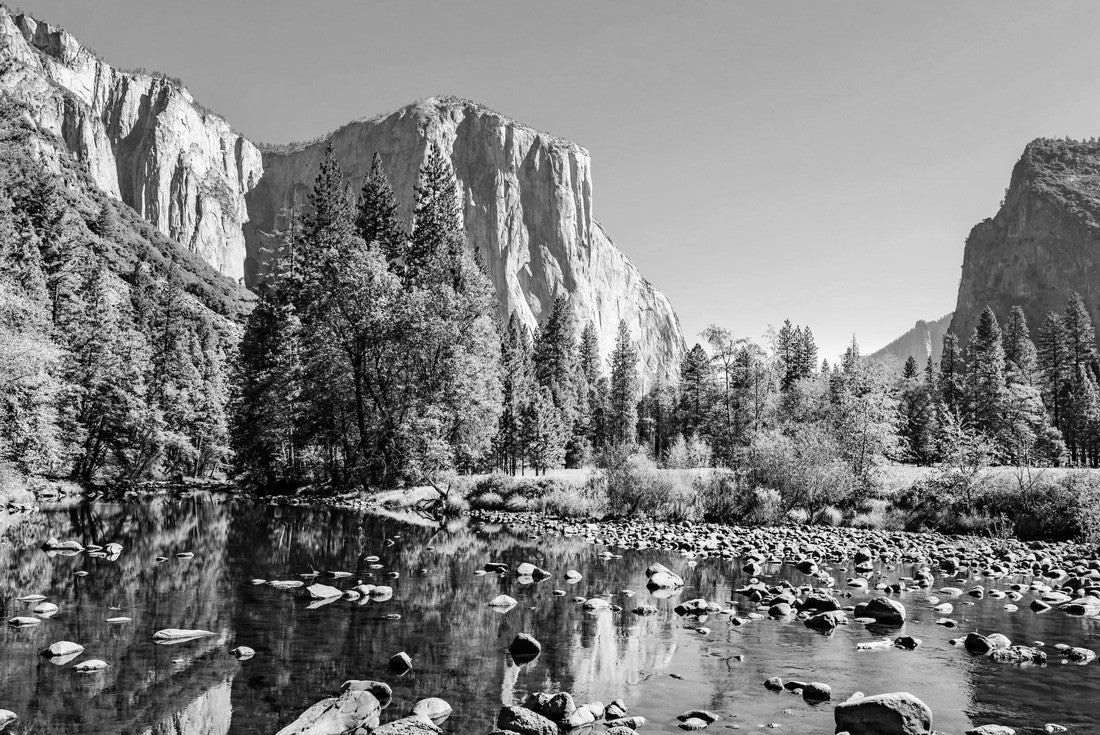 Noah Jigsaw Puzzle View at Merced River, El Capitan left, Cathedral Rocks right at day light, Yosemite Valley, Yosemite National Park, California, USA in black white 2000 pieces