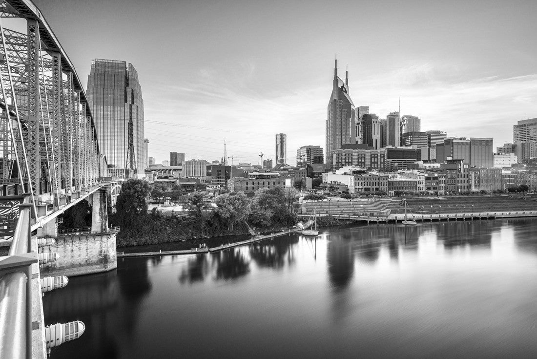 Noah Jigsaw Puzzle Nashville, Tennessee, USA downtown city skyline at dusk on the Cumberland River in black white 2000 pieces
