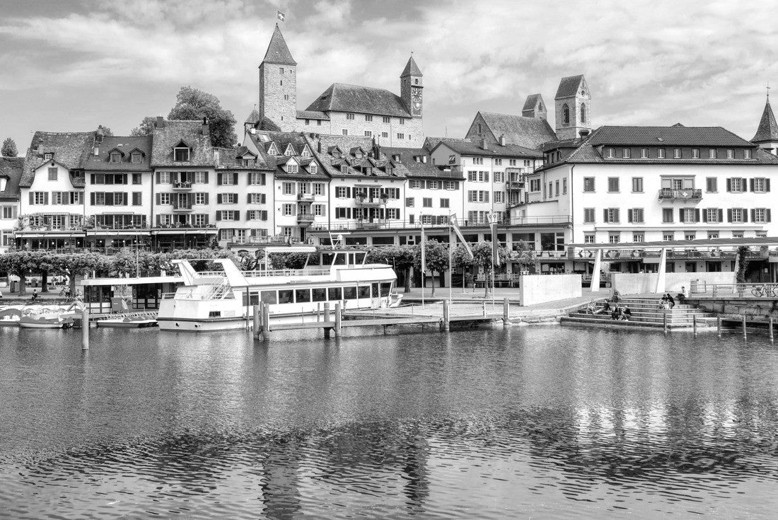 Noah Jigsaw Puzzle Rapperswil-Jona historic old town and castle on Lake Zurich, Switzerland, is a popular excursion destination from Zurich in black white 2000 pieces