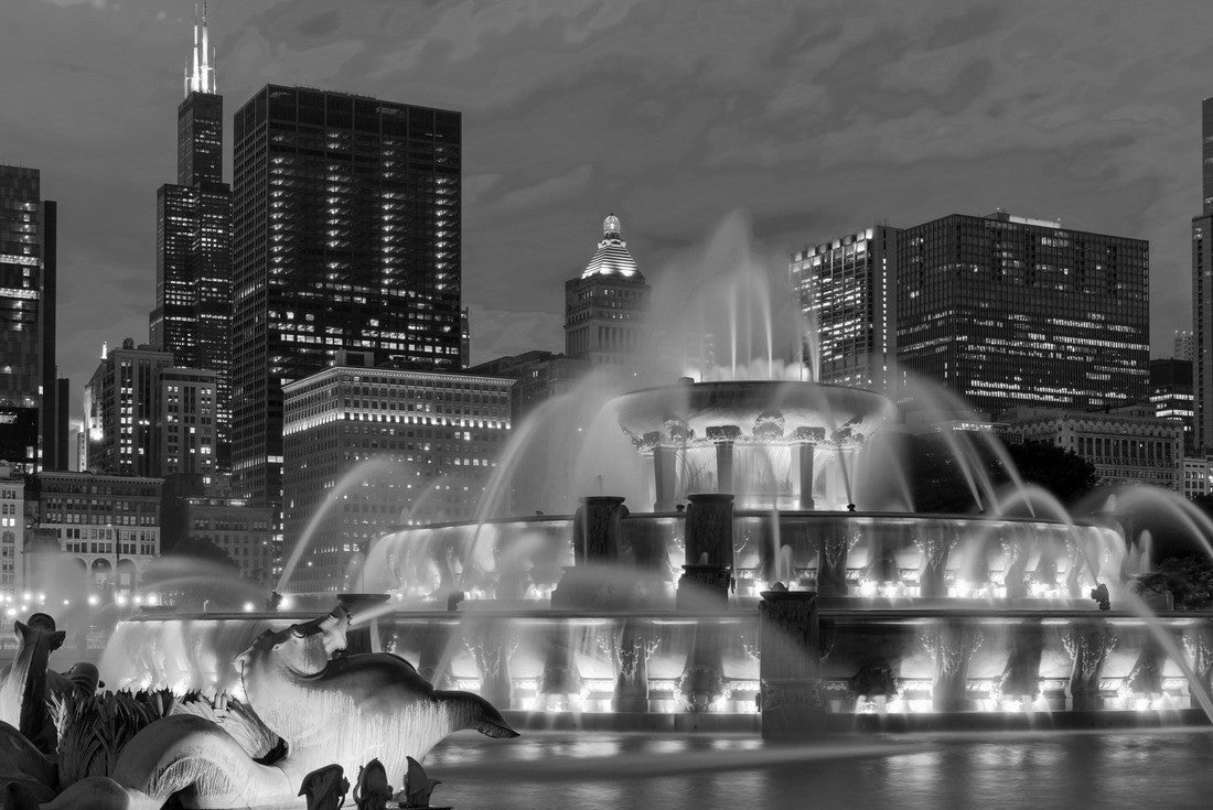 Noah Jigsaw Puzzle Buckingham Fountain at night and Chicago Center, Chicago, Illinois, USA in black white 2000 pieces