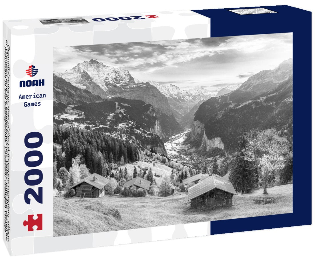Beautiful autumn view of the picturesque mountain village of Wengen and the Lauterbrunnen Valley with the Jungfrau mountain in the background. Location: Wengen village, Bernese Oberland, Switzerland 2000pc PuzzleBlack and White