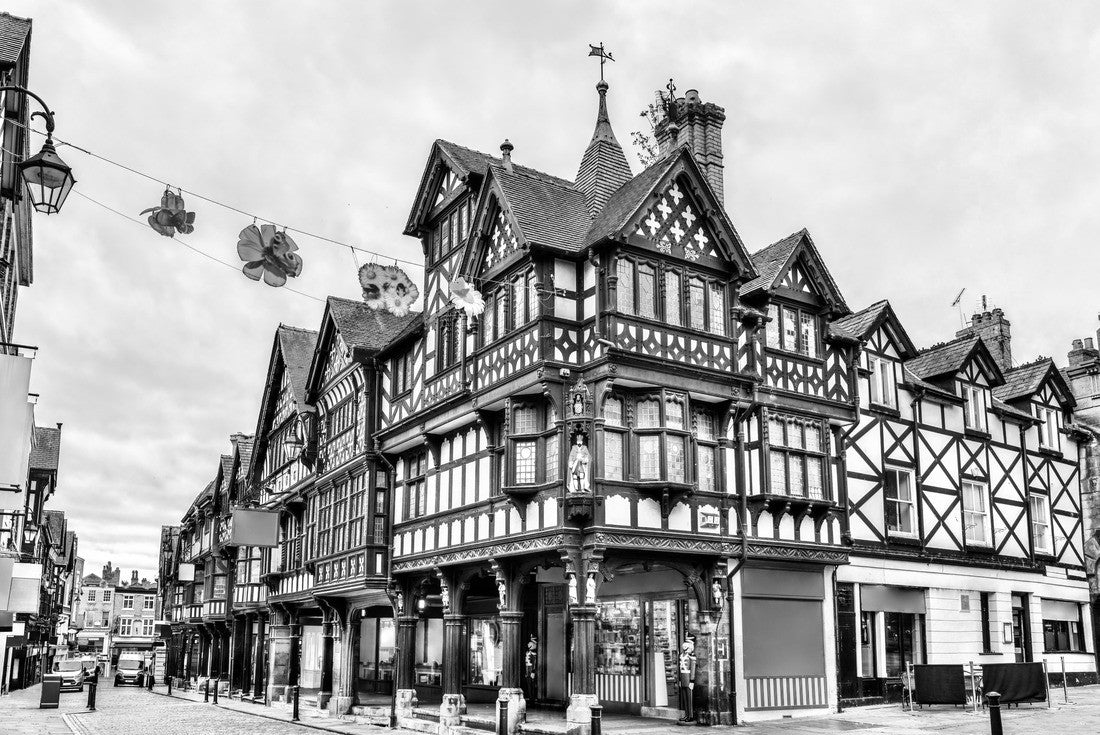 Noah Jigsaw Puzzle Traditional English Tudor architecture houses in Chester, England in black white 2000 pieces