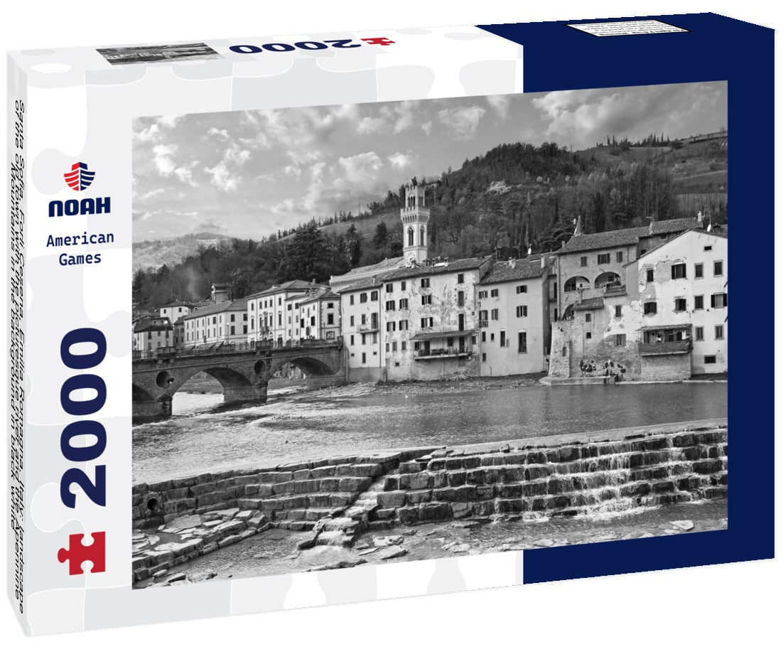 Santa Sofia, Forli Cesena, Emilia Romagna, Italy: landscape of the old town with the picturesque river and the Apennine Mountains in the background 2000pc PuzzleBlack and White