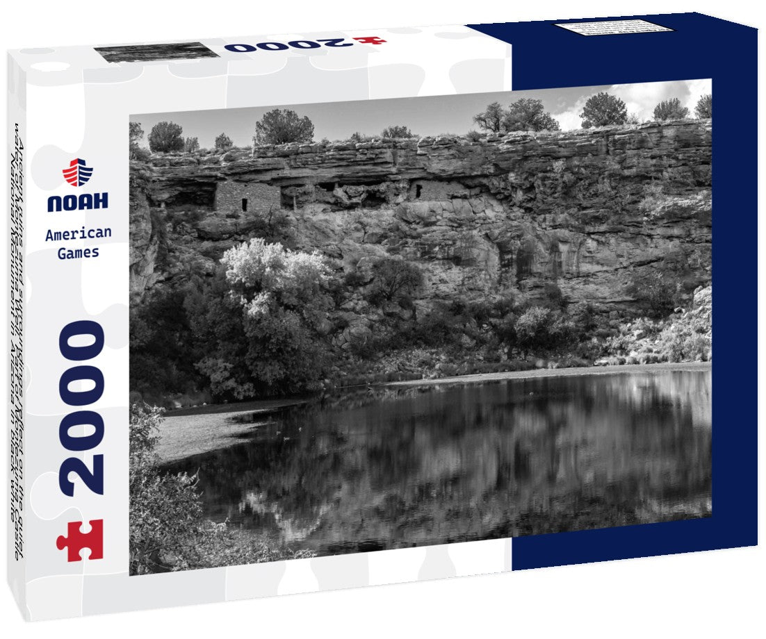 Ancient ruins and surroundings reflect on the quiet water of Montezuma Well. Part of Montezuma Castle National Monument in Arizona 2000pc PuzzleBlack and White